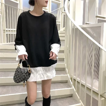 

Oversized Sweater Fake 2 Piece Loose Long Sweater Shirts 2019 Fall O-neck Knitted Pullovers Patchwork White Blouse Top P-071