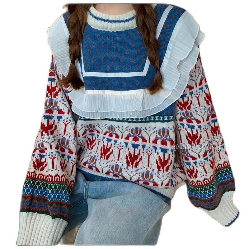 

Knit 2024 Women New Autumn Winter Stitching Loose Lazy Style Students Wear Korean College Style Round Neck Pullover Sweater M138