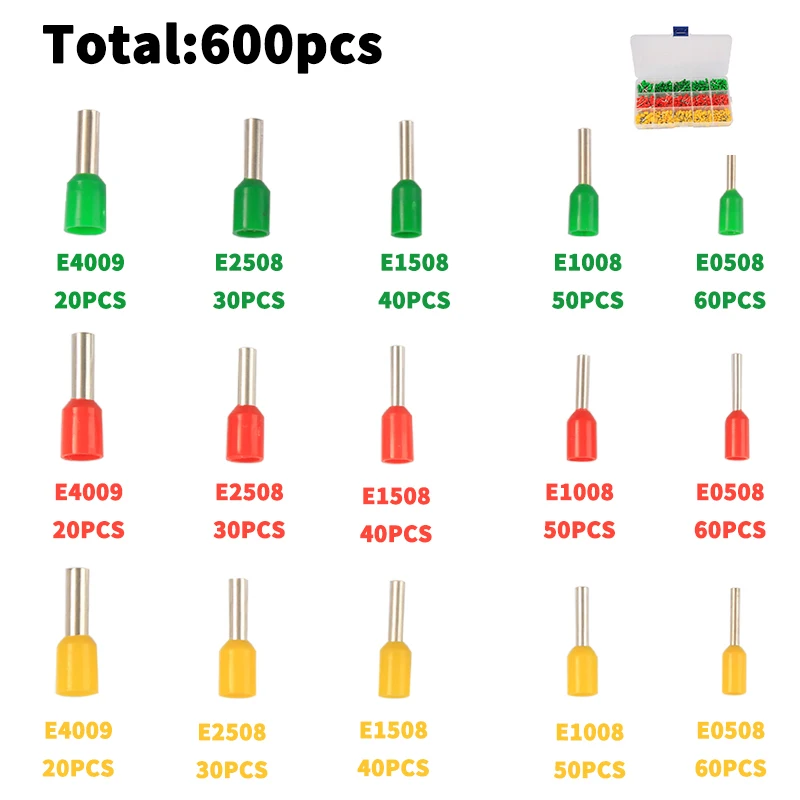 800Pcs E0508 5-color Insulated Electrical Connector Wire Crimping Tube Terminal Cable Cold Pressed Sleeve Crimp Terminals Set - Цвет: 600PCS