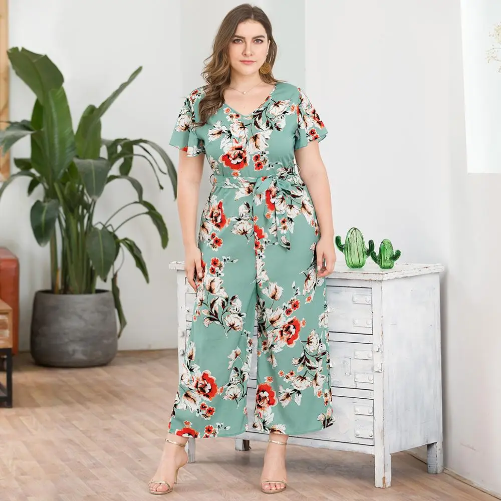

Women Jumpsuit Plus Size V-Neck Short-Sleeved Bohemian Print bandage Wide-Legged Jumpsuit mono mujer talla grande W#
