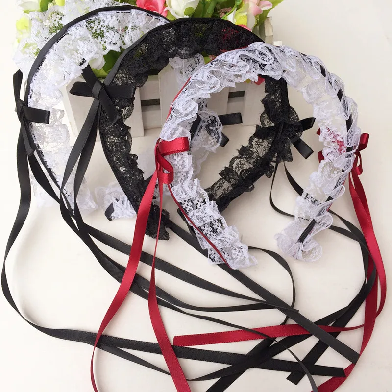 Japanese Lolita Headdress Ears Headband Lolita Maid Lace Bow Ribbon Anime Cosplay Hair Accessories