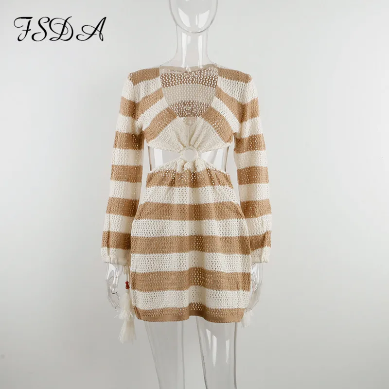 FSDA 2021 Knit Stripe Long Sleeve Dress Beach Backless Summer Hollow Out Women V Neck Sexy Party Mini Dresses Casual White