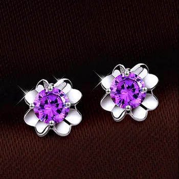 

Wholesale Jewelry 925 Sterling Silver Stud Earrings,Four-Leaf Clover Purple Silver Colorfu Crystal Rhinestone Stud Earrings