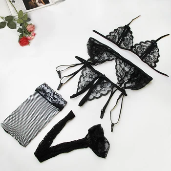 

4Pcs Sexy Intimates Women Transparent Lace Slip Dress Erotic Lingerie Femme Sexy Shop Garters Bras And Panty Set Petticoat Woman