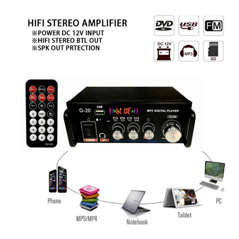 12 В автомобильный усилитель Hi-Fi 2,0 канальный автоматический цифровой аудио Bluetooth усилитель Автомобильный Дистанционный Интеллектуальный усилитель FM аудио плеер