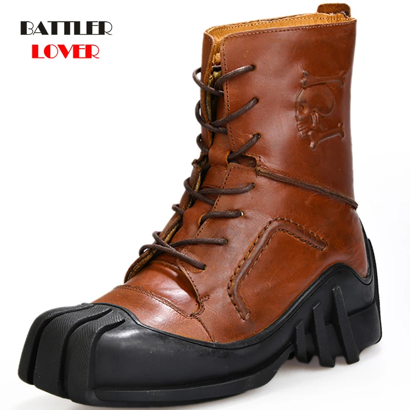 Steampunk Boots Men Genuine Cow Leather Retro Males High Help Denim Locomotive Men