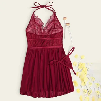 

Women Lace Screen Stitching Nightdress Backless V-neck Lingerie With Thong Set Camisola Vestidos Femininos Clothing #C