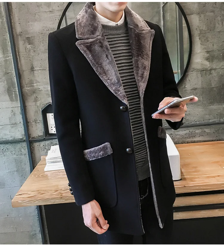2019Autumn and Winter Fashion Business Men's Plush Thicken Large Size Solid Color Slim Casual Warm Medium Long Fur Collar Coat