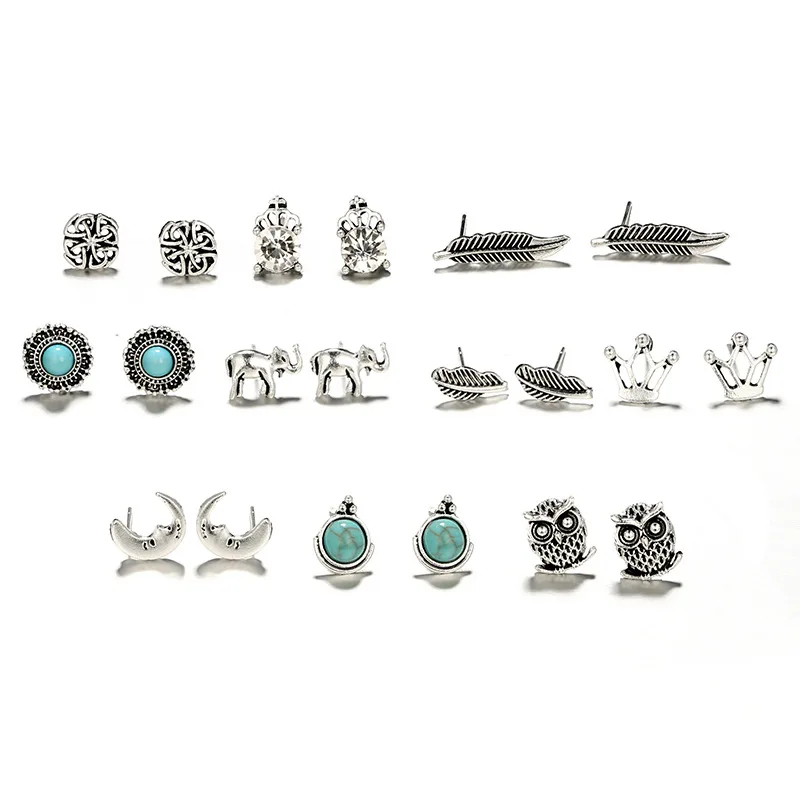 10Pairs/set Women Boho Silver Turquoise Earrings Set Jewelry Owl Crown Ear Stud