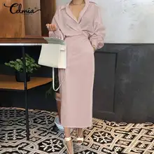 

Oversized Celmia Women Elegant Lapel Shirt Dress Fashion Long Sleeve Work OL Dresses Casual Pleated Party Midi Vestidos Belted