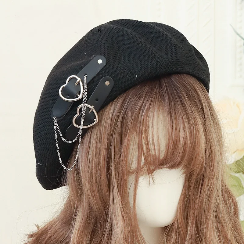 Gothic Punk Beret Black Women Breathable Summer Harajuku Girls Heart Buckle Beanie Jk Hat