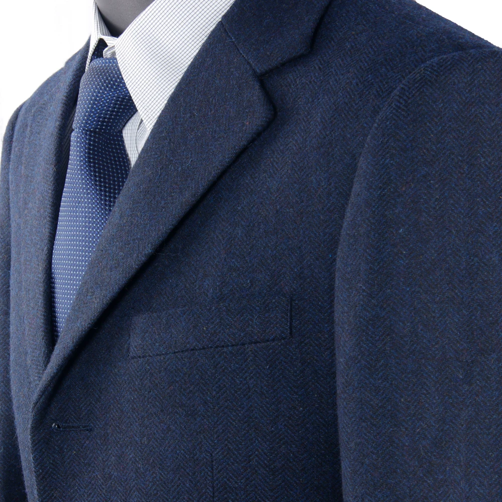 Custom Tailored Dark Blue Herringbone Tweed Woolen Coat Man Jacket Medium Long Winter Coats For Man Jackets For Man Overcoat