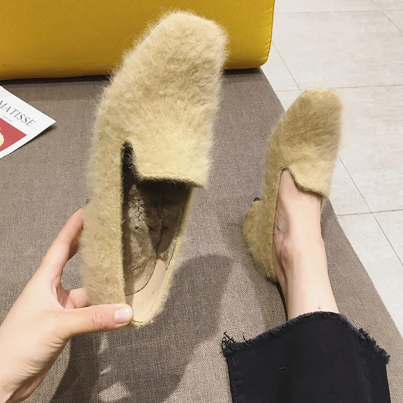 Beige V60 Г. Осенне-зимние меховые туфли-лодочки повседневные женские туфли-лодочки на низком квадратном каблуке, с квадратным носком, без шнуровки, на каждый день женская обувь, большой размер 40 - Цвет: Beige V60