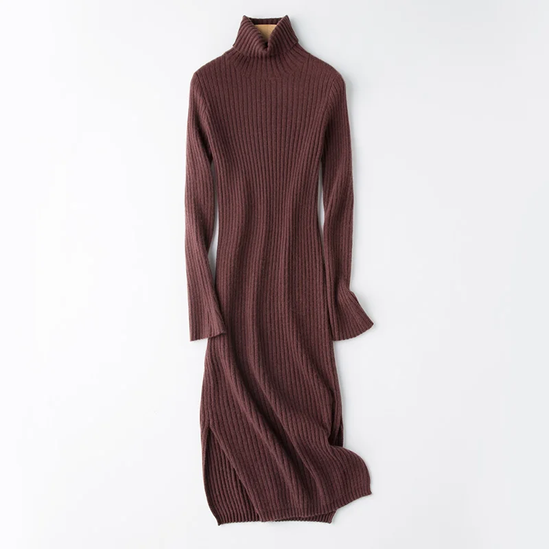 Женская кашемировая вязаная водолазка платье повторяющийся ребристый облегающий зимний длинный свитер платье мягкие длинные трикотажные свитеры