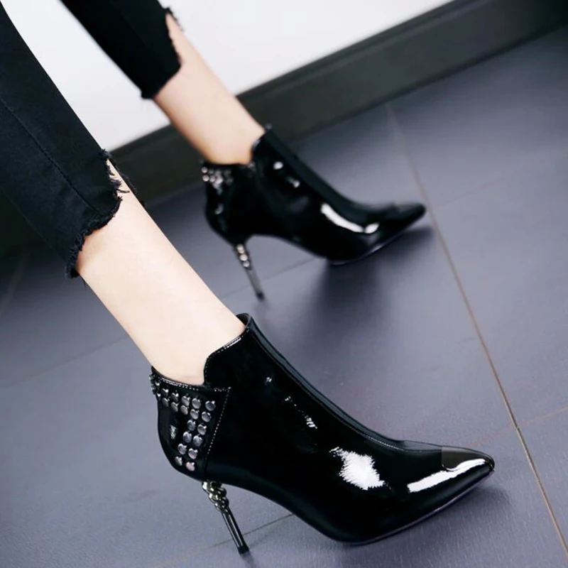 

Winter Boots Ankle Boots Women Shoes Woman Boots High Heel Patent Leather Pointed Short Boots 2019 Winter Short Fur Warm Boots