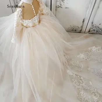 

Customized Champagne Girl Dresses Tulle Applique Princess Birthday Dresses Baby Girls Lace Long Sleeve Dress