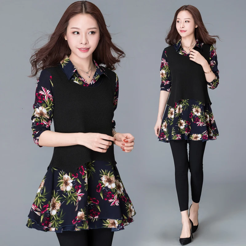 2529 Middle Age Women T Shirt Lapel Collar Knitted False Two Piece Long T Shirts Female Floral Printed Plus Size 4XL Elegant