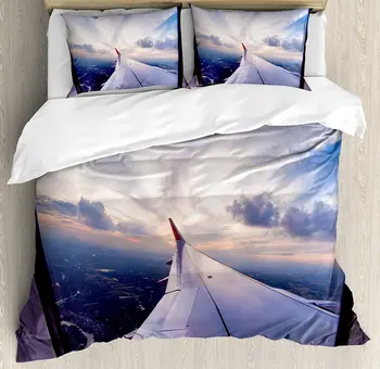 

Airplane Duvet Cover Set Airplane Travel Time is Sunset Holiday Journey 3 Piece Bedding Set with Pillow Sham Queen Size Purple