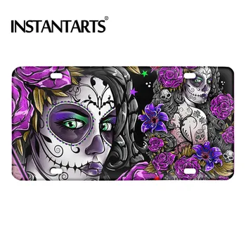 

INSTANTARTS Day of the Dead Sugar Skull Design Women's Decorative Car Front License Plate Customized License Plate for Cars