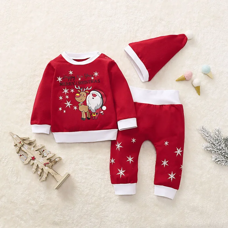 Одежда для маленьких мальчиков и девочек комплект из 3 предметов, Рождественская блузка с длинными рукавами и рисунком, блузка с принтом топы+ штаны+ шапка, Детский костюм