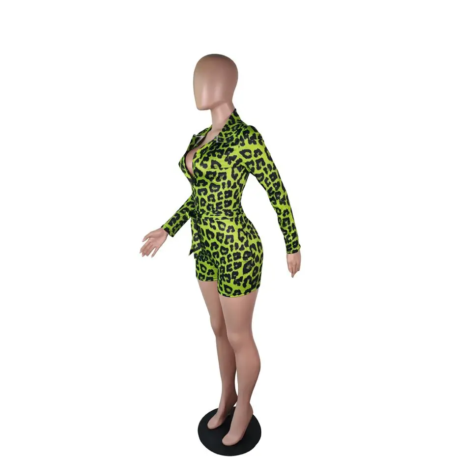 HAOYUAN, Леопардовый принт, короткий коcтюм с длинными рукавами, глубокий v-образный вырез, женская модная одежда, осень 2019, облегающие плетеные