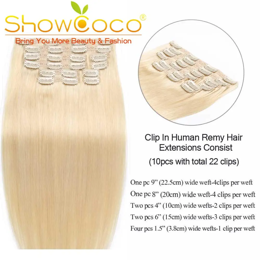 10pcs Clip in Human Straight Remy Hair 16-24 Inch ShowCoco 100% Remy hair extension Clip-on hair