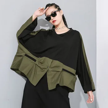

Johnature 2020 Fashion Streetwear Loose Patchwork Irregular Hit Color Women Tops Shirts Spring New 3 Colors Batwing Blouses