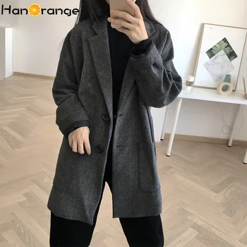 

Herringbone Retro Woolen Coat 2020 Autumn Winter Drop-Shoulder Loose Woolen Overcoat Women