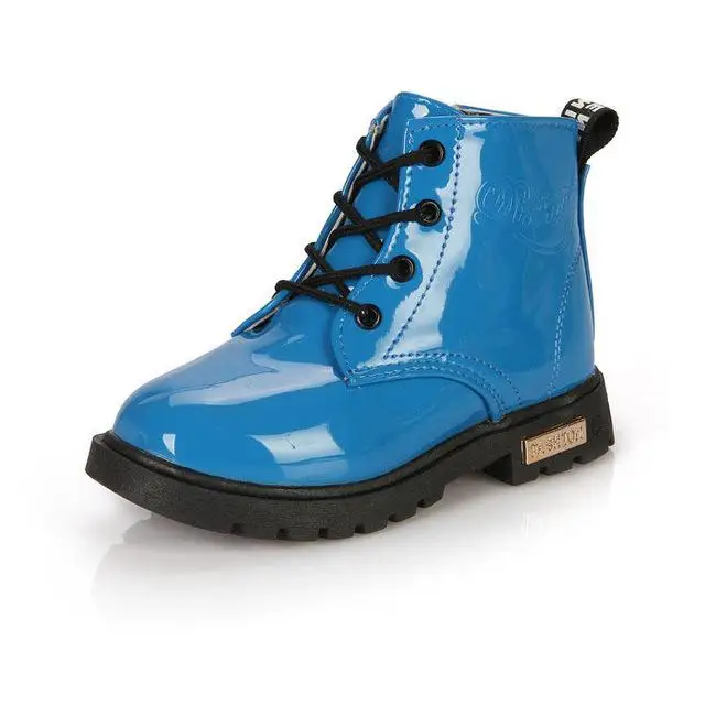 Новинка для девочек кожаные ботинки для мальчиков обувь Демисезонный из искусственной кожи Детские ботинки модные Дети сапоги теплые зимние ботинки - Цвет: Sky Blue