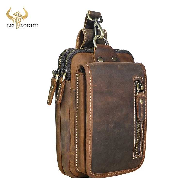 Vintage Crazy Horse Leather Small Summer Hip Bum Pouch Hook Design Cigarette Case 7" Phone Pouch Fanny Waist Pack Belt Bag 1609 waist pack