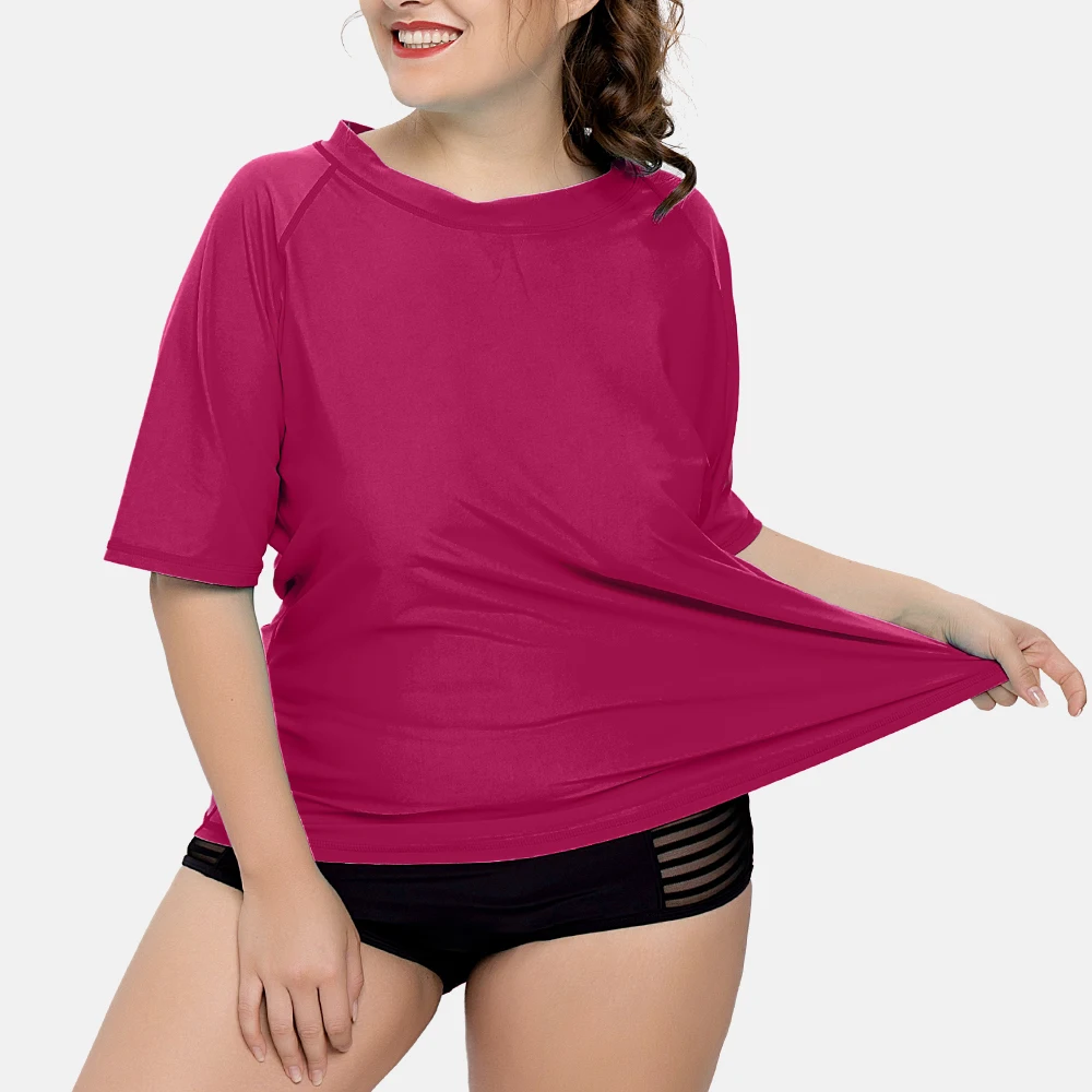 Anfilia Women's Plus Size Short Sleeve Rashguard Shirts UPF 50+ Swimwear Swimsuit UV-Protection Rash Guard Solid Beach Wear