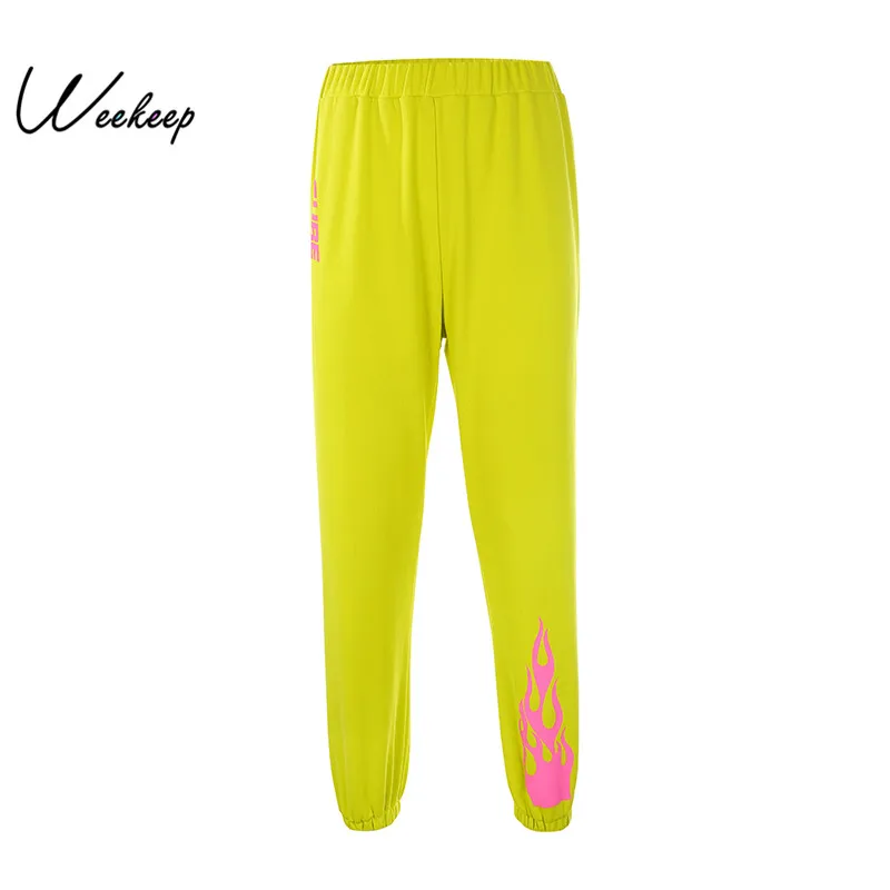 

Weekeep Flame Print High Waist Knitted Sweatpants Women Streetwear Pencil Pants 2019 Spring Autumn Fashion Trousers Woman