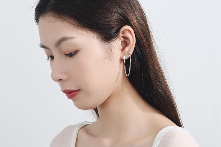 ANENJERY 1PC New 925 Sterling Silver Double Ear Hole Chain Hoop Earring For Women Minimalist Jewelry Dropshipping S-E971