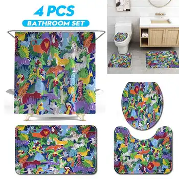 

4pcs Home Bathroom Shower Curtain Flower Print Waterproof Bath Curtain Set Toilet Cover Mat Non-Slip Bathroom Rug Set Hooks