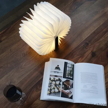 

New night light home decoration warm white light drop book light USB rechargeable LED foldable wooden book-shaped table lamp