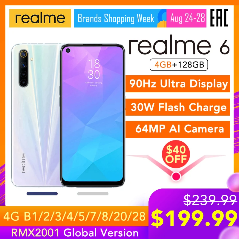 

realme 6 4GB RAM 128GB ROM Global Version Helio G90T 6.5" 90Hz Display 30W Flash Charge 4300mAh 64MP Camera NFC Play Store