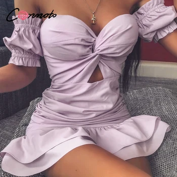 

Conmoto ruffles puff sexy vintage dresses women off shoulder knot bodycon dress club solid retro robe mini dress vestidos