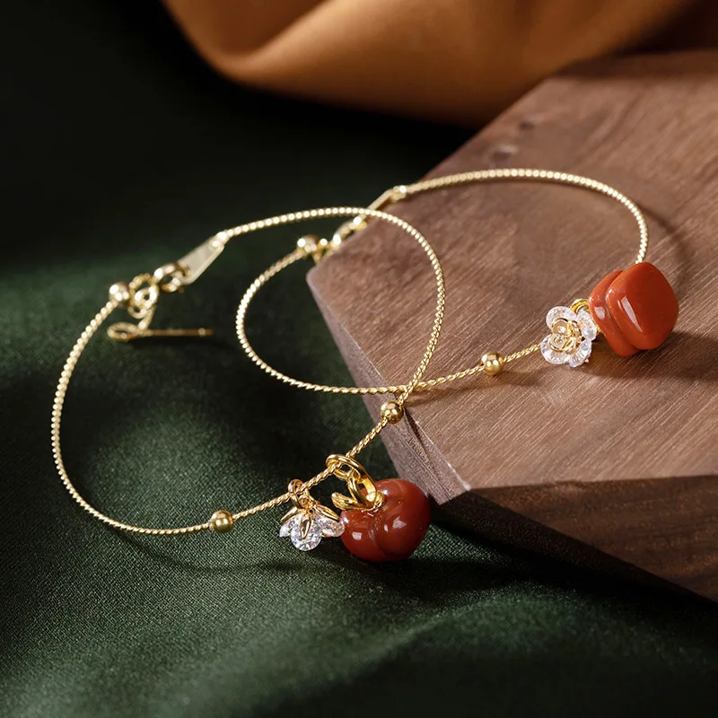 

pure silver gold-plated inlaid South Red Agate personality red peach geometric temperament women's bracelet bracelet