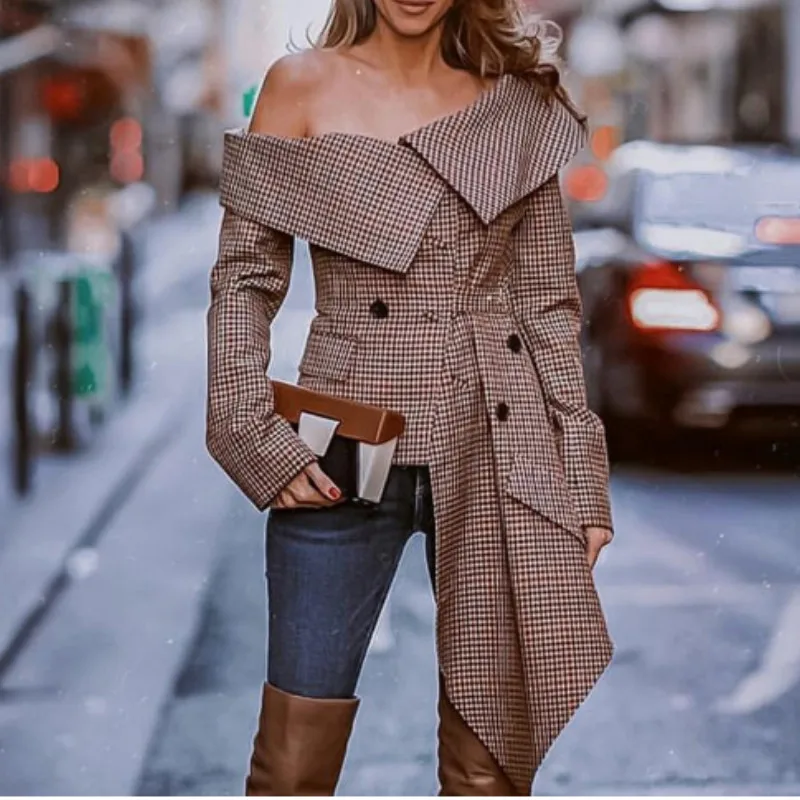 

2019 New Autumn Cold Shoulder Houndstooth Jackets Long Sleeve Turn-down Collar Irregular Suit Style Coat