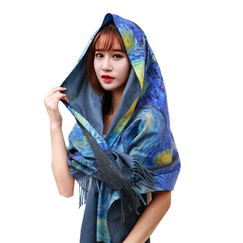 Big Promo 04yCc Two Sides New Cashmere scarf Fashion women Starry sky Oil Painting Digital Printing shawl and wraps bandana female foulard tasse Big Promo 04yCc Two Sides New Cashmere scarf Fashion women Starry sky Oil Painting Digital Printing shawl and wraps bandana female foulard tasse