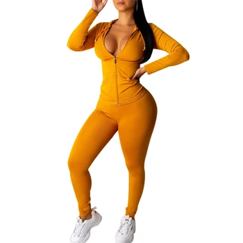 

2020 Sexy Casual Women Ribbed Jumpsuits Zippers Skinny Ribbed High Elasticity Ribbed Bodysuit 2Pcs Jumpsuit Long Sleeve