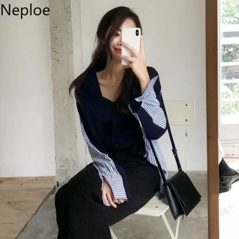 Neploe корейский лоскутный полосатый свитер неравномерной длины Cardgians женский v-образный Вырез Свободный темперамент Chaquetas Mujer осень 46112