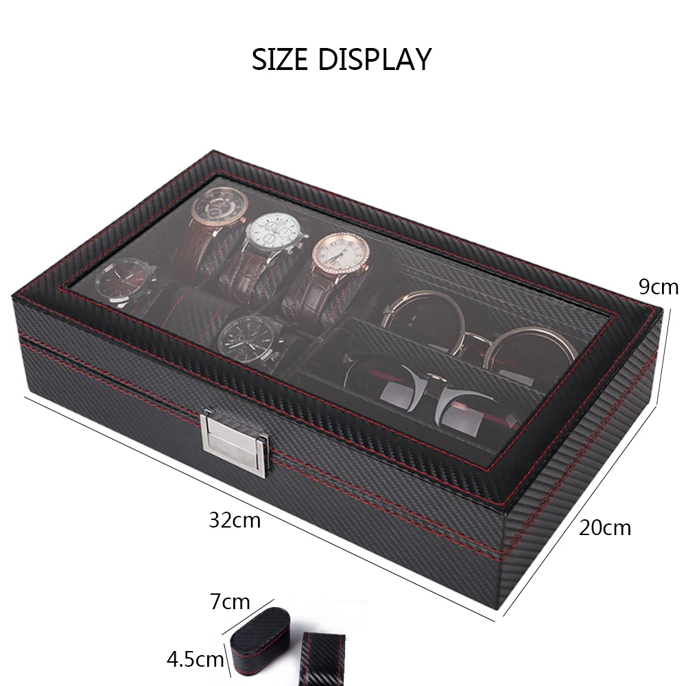 Carbon Fiber Outer Skin 6-grid Watch 3-grid Glasses Combination Storage Box Wooden Jewelry Watch Boxes Storage Organizer Box