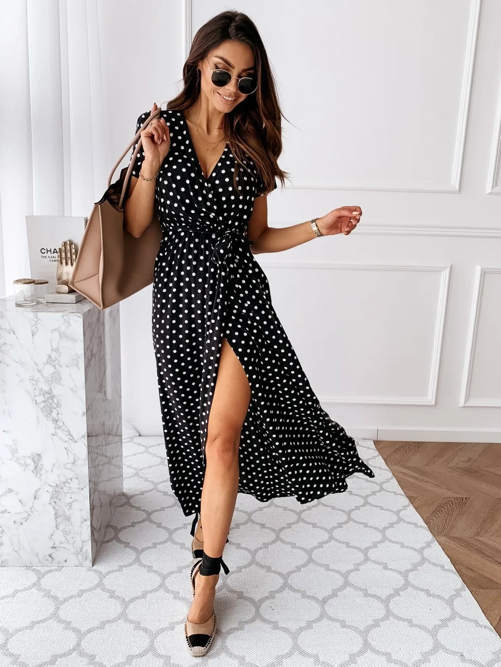 2022 Fashion Polka Dot Split Boho Dress V-Neck Women Casual Beach Vacation Long Dresses Vestido De Mujer maxi dresses