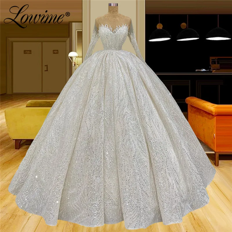 

Мусульманские свадебные платья Lowime с бусинами и блестками, свадебные платья с длинным рукавом, Дубайский арабский трапециевидный силуэт, свадебные платья, платья для невесты, 2022