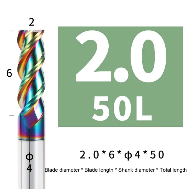 Colorful End Mill Aluminium HRC55 3F Milling Cutter Acrylic Wood Copper Plastic Cutting Tool CNC Maching Milling Tools Endmils 2X6XD4X50L