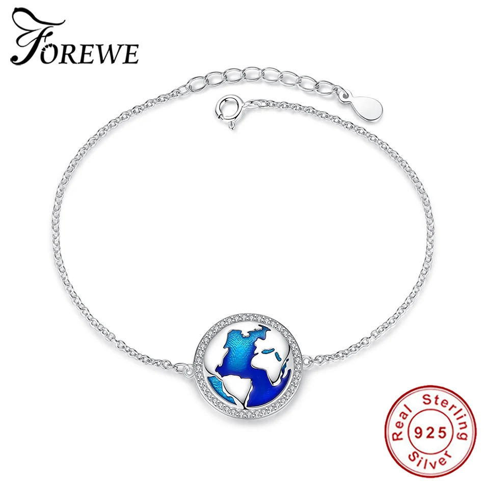 Forewe модный Настоящее серебро 925 проба Эмаль Синий карта мира браслет для женщин подлинные серебряные вечерние ювелирные изделия подарок
