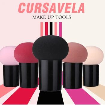 

Cursavela Mushroom Puff Makeup Cosmetic Sponge Foundation Powder Smooth Round Head Puff Handle Beauty Puff Professional Tools
