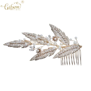 

Handmade Hair Piece Gold Leaf Pearls Wedding Hair Comb Accessory Women Bridal Headdress