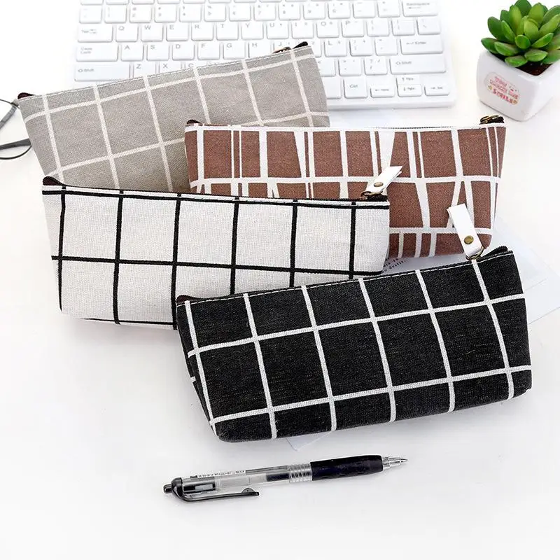 Canvas Geometric Pencil Bag Case School Simple Striped Grid Solid Color Cute Pencil Bag Case Pouch Office Students Kids Supplies pencil cases